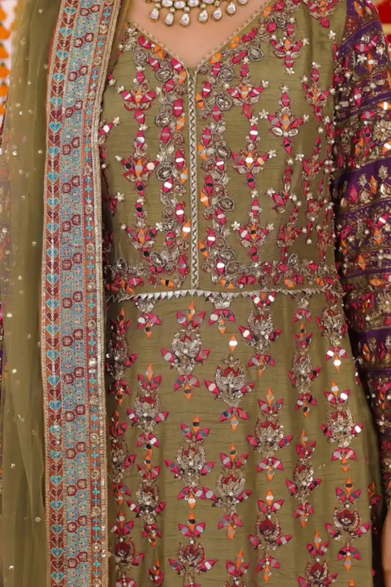 Reema Ahsan - Simran  - Raw silk & Mukesh - Olive green & Purple - 3 Piece