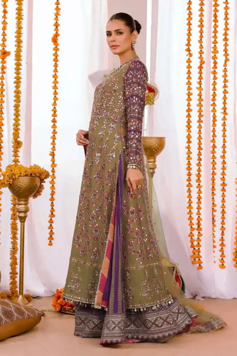 Reema Ahsan - Simran  - Raw silk & Mukesh - Olive green & Purple - 3 Piece