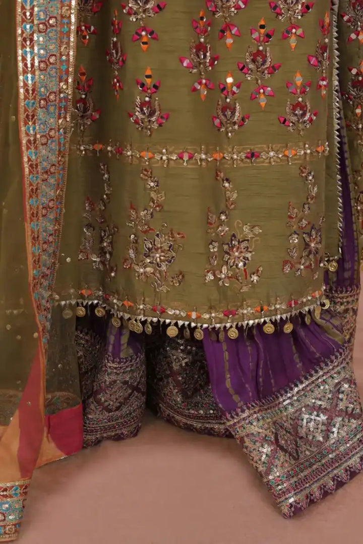 Reema Ahsan - Simran  - Raw silk & Mukesh - Olive green & Purple - 3 Piece