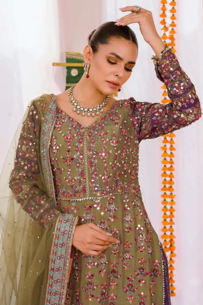 Reema Ahsan - Simran  - Raw silk & Mukesh - Olive green & Purple - 3 Piece