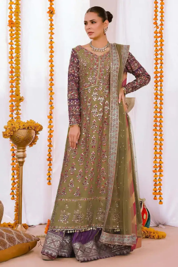 Reema Ahsan - Simran  - Raw silk & Mukesh - Olive green & Purple - 3 Piece