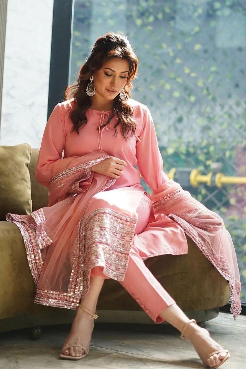 Mehwish Hayat in Natasha Kamal - Pink Embroidered Shirt and Pants with Dupatta - 3 Piece - Studio by TCS