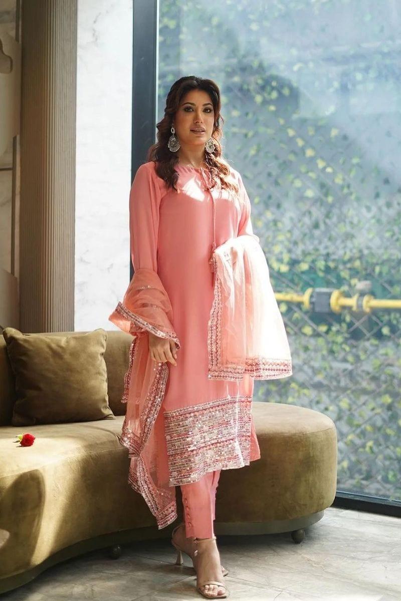 Mehwish Hayat in Natasha Kamal - Pink Embroidered Shirt and Pants with Dupatta - 3 Piece - Studio by TCS