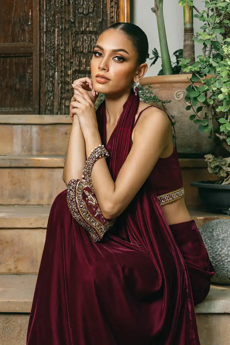 Sania Maskatiya - Sona - Velvet & Charmeuse - burgundy - Choli, Dress & Pouch - 2 Piece