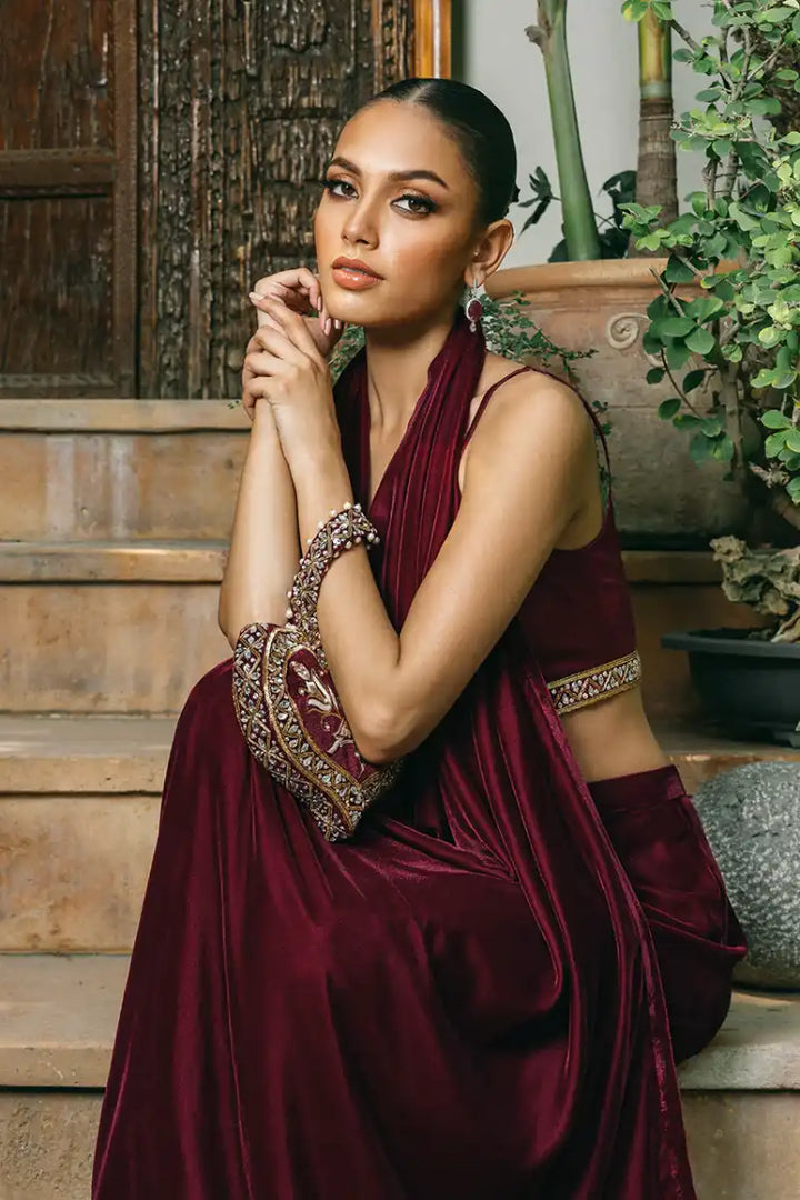 Sania Maskatiya - Sona - Velvet & Charmeuse - burgundy - Choli, Dress & Pouch - 2 Piece