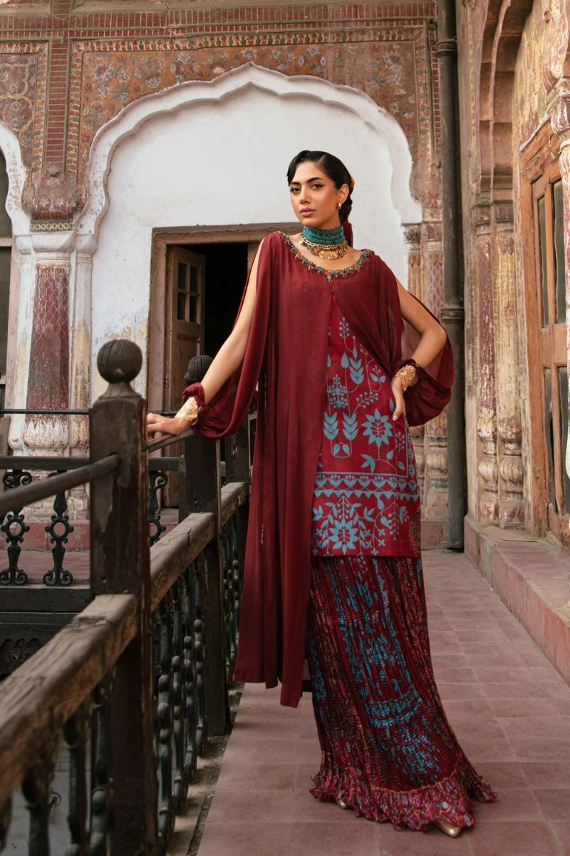 Nilofer Shahid - Talia - Maansi - Maroon & Blue - Georgette Chiffon - 4 Piece