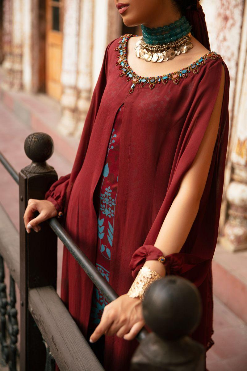 Nilofer Shahid - Talia - Maansi - Maroon & Blue - Georgette Chiffon - 4 Piece