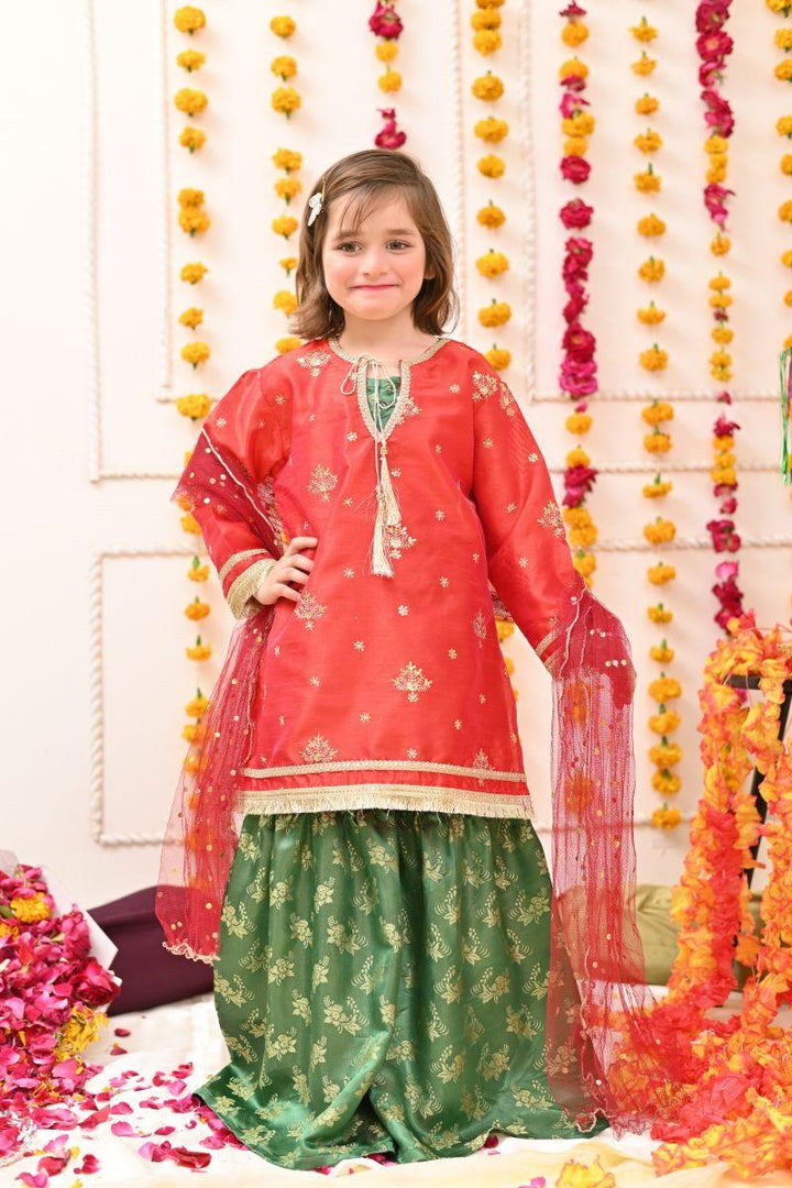 Mom4Little - Tulip - Gharara - Tomato Red, Green and Maroon - Raw Silk - 3 Piece