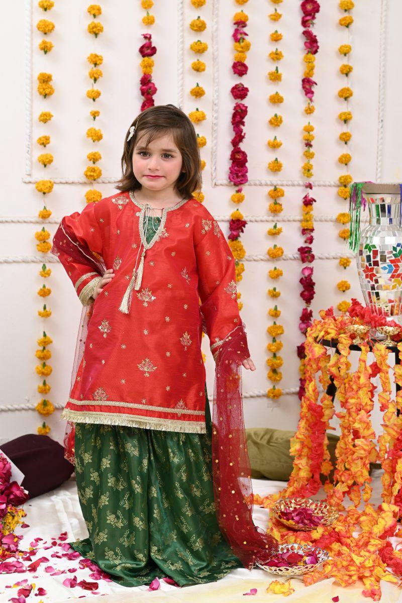 Mom4Little - Tulip - Gharara - Tomato Red, Green and Maroon - Raw Silk - 3 Piece