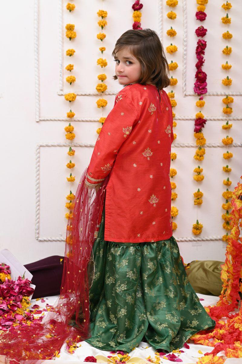 Mom4Little - Tulip - Gharara - Tomato Red, Green and Maroon - Raw Silk - 3 Piece