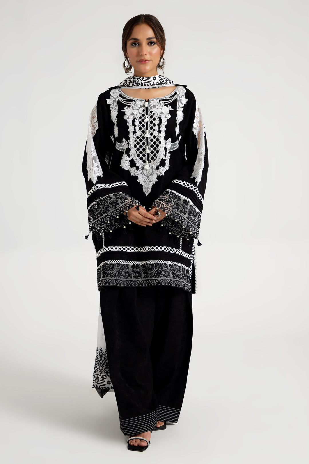 Arif Ashraf - Siyah - Black - Self Jacquard and Chiffon - 3 Piece