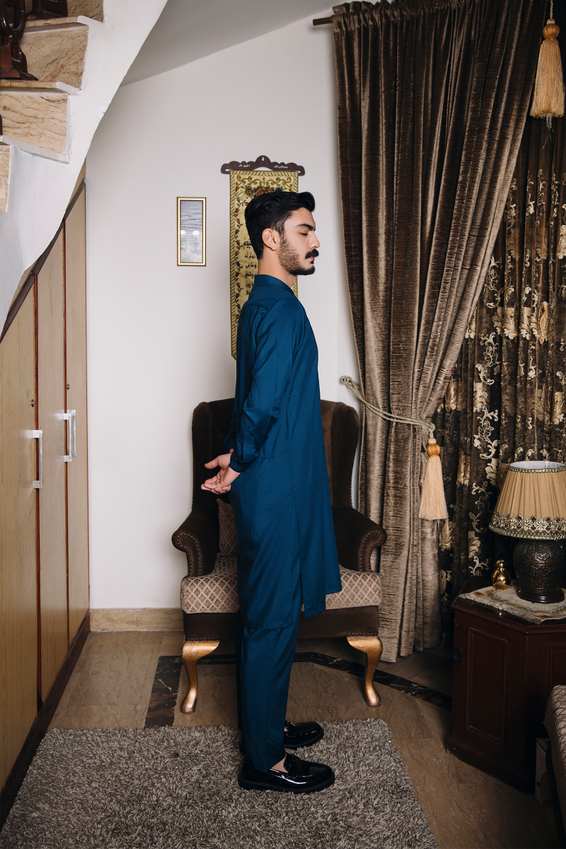 Shahjahan - Teal Blue Kurta Trouser - 2 Piece