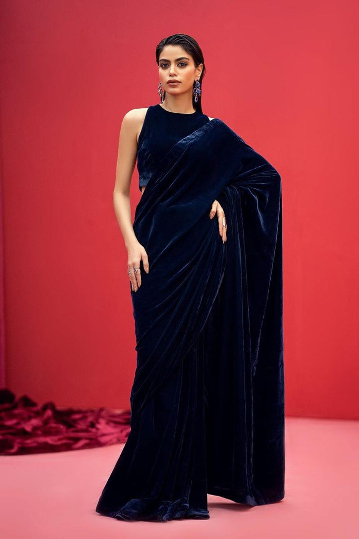 Fozia Khalid - RANYA - Saree - Velvet - Navy Blue - 2 Piece - Studio by TCS