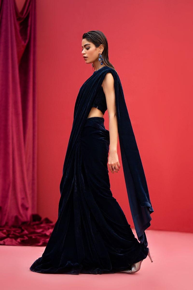 Fozia Khalid - RANYA - Saree - Velvet - Navy Blue - 2 Piece - Studio by TCS