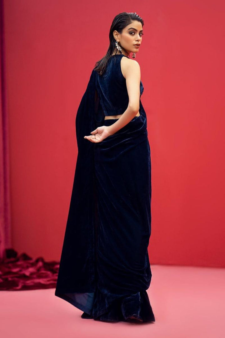 Fozia Khalid - RANYA - Saree - Velvet - Navy Blue - 2 Piece - Studio by TCS