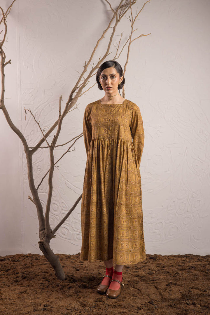 Generation - Ajrak Buttoned Dress - Mustard - Cambric - 1 Piece