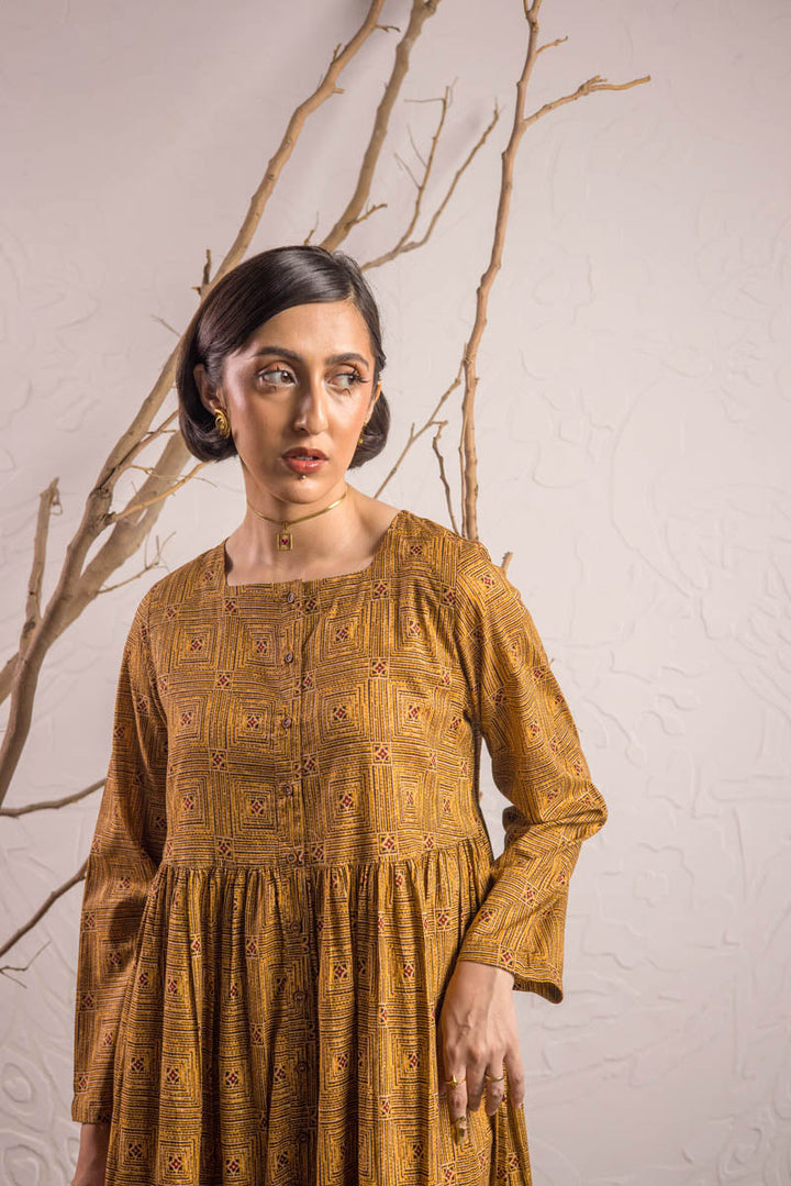 Generation - Ajrak Buttoned Dress - Mustard - Cambric - 1 Piece