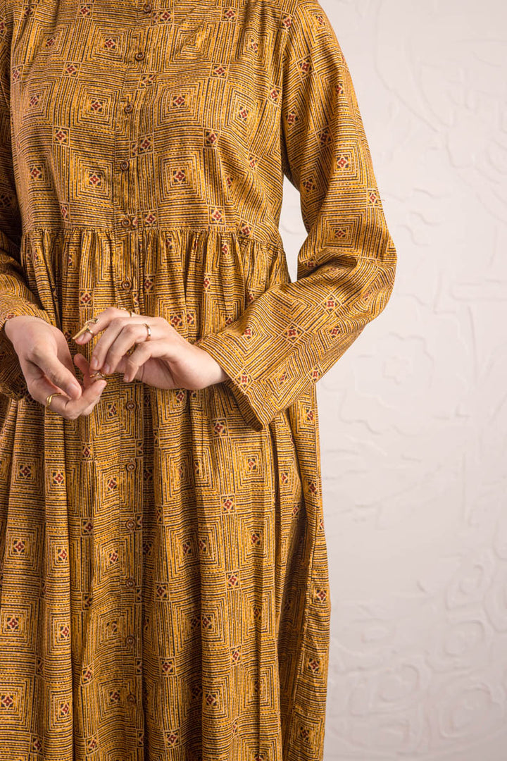 Generation - Ajrak Buttoned Dress - Mustard - Cambric - 1 Piece