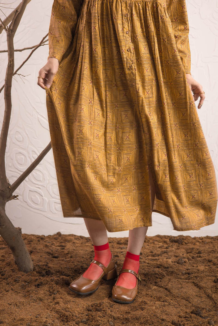 Generation - Ajrak Buttoned Dress - Mustard - Cambric - 1 Piece