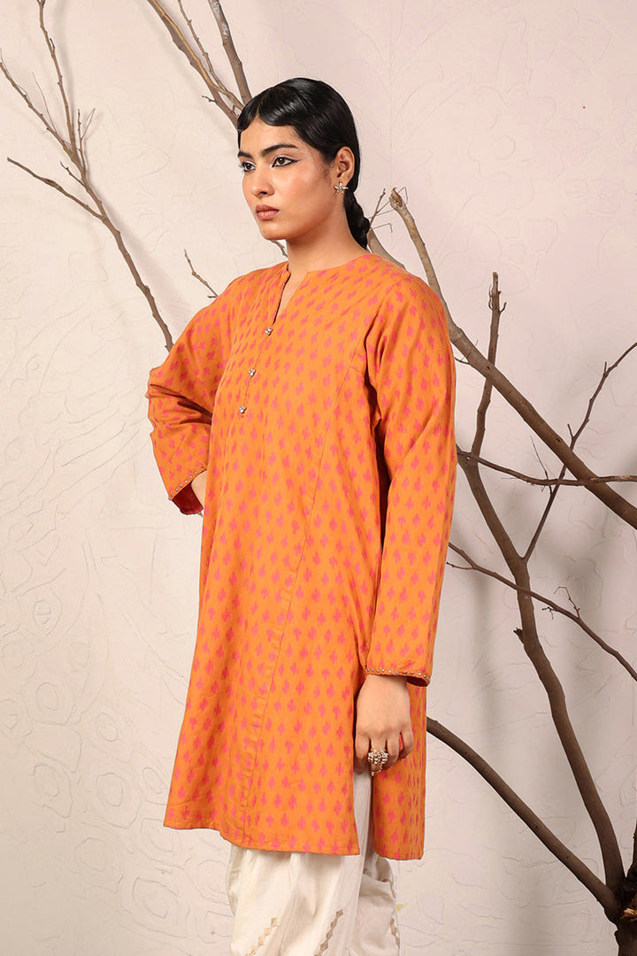 Generation - Floral Ikat Kurti - Cambric - Mustard - 1 Piece