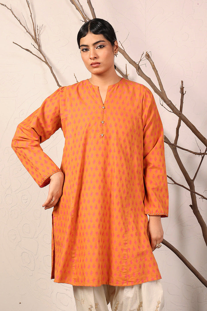 Generation - Floral Ikat Kurti - Cambric - Mustard - 1 Piece