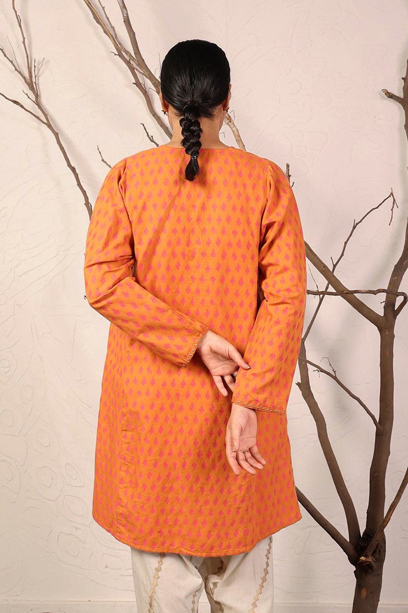 Generation - Floral Ikat Kurti - Cambric - Mustard - 1 Piece