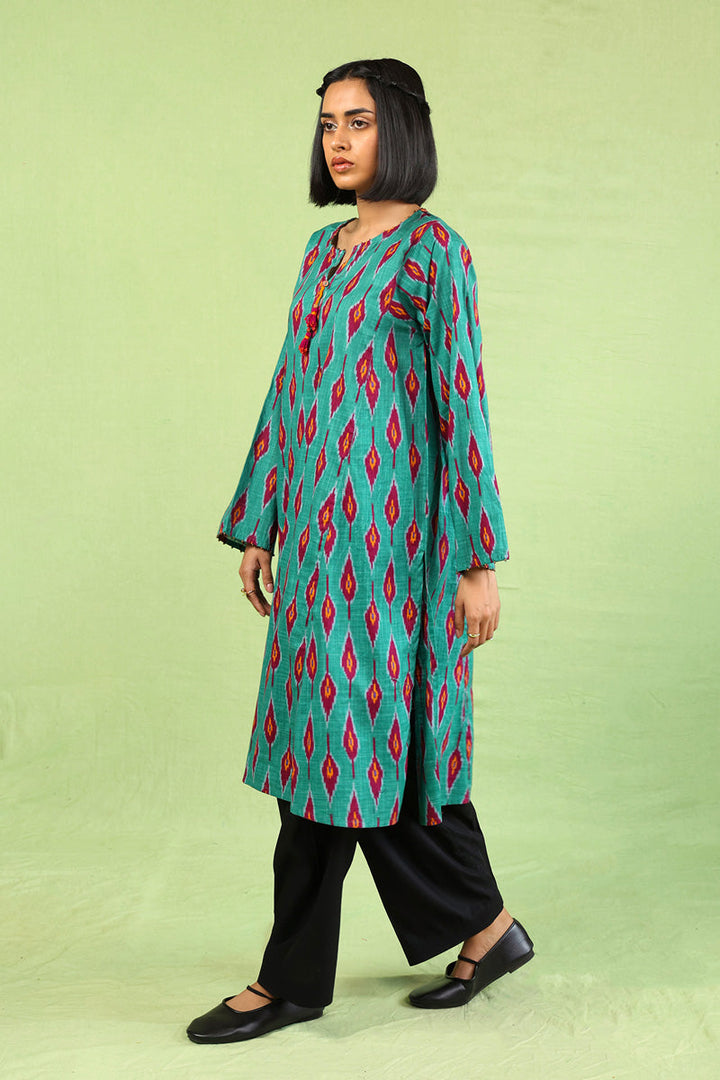 Generation - Printed Timeless Weave Kurta - Green - Cambric - 1 Piece