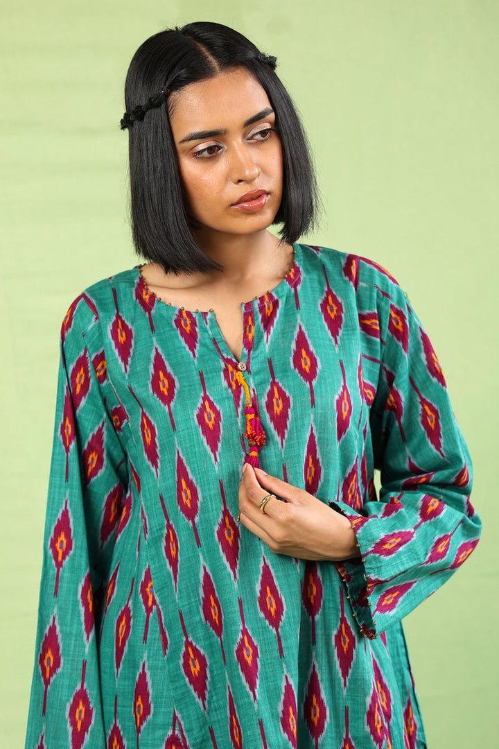 Generation - Printed Timeless Weave Kurta - Green - Cambric - 1 Piece