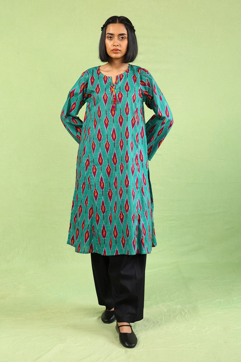 Generation - Printed Timeless Weave Kurta - Green - Cambric - 1 Piece