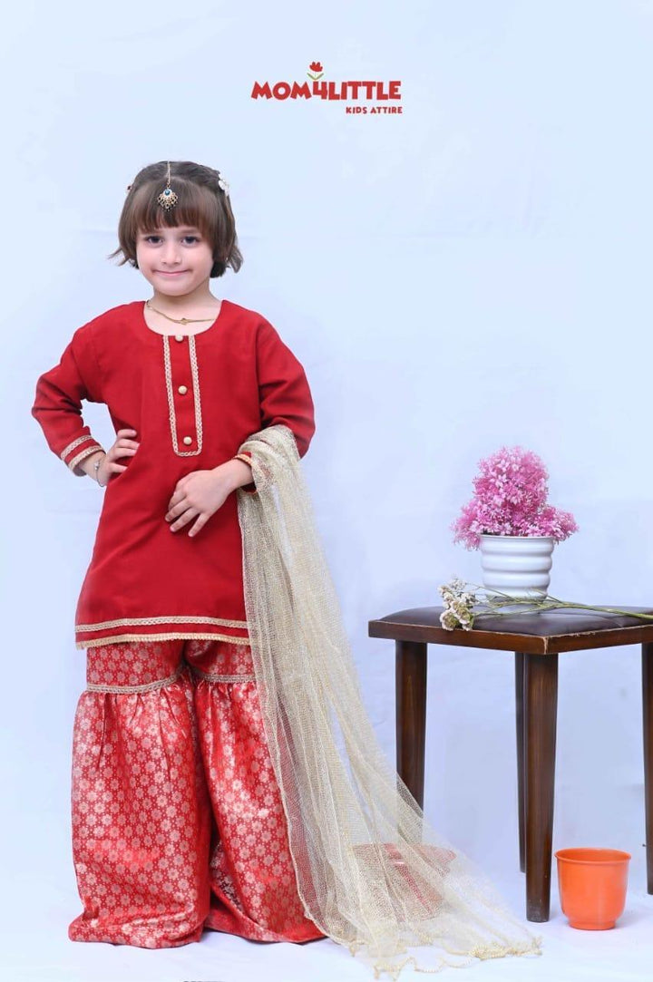 Mom4Little - Princess Gharara Set - Red- 3 Piece - Studio by TCS