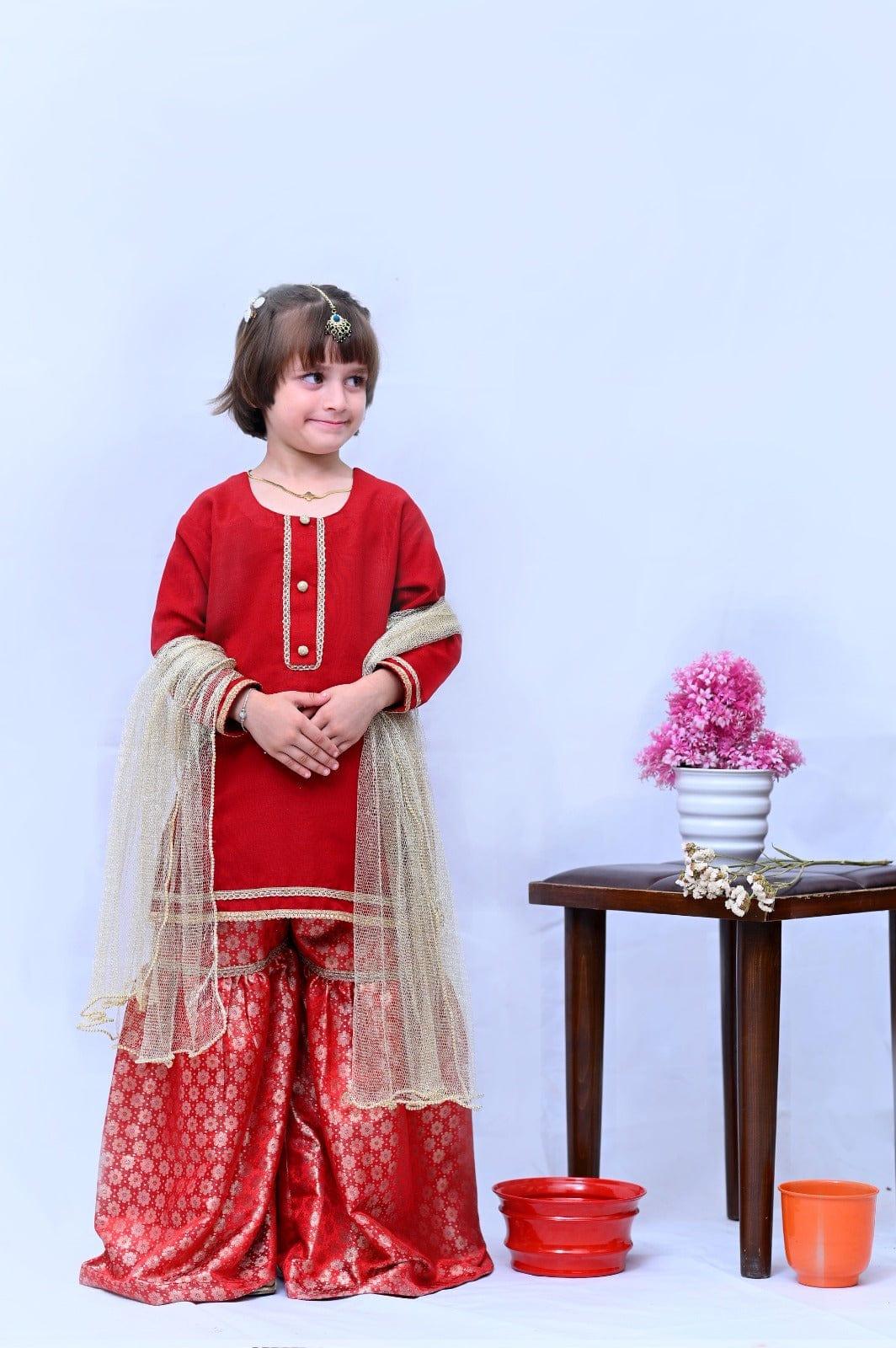 Mom4Little - Princess Gharara Set - Red- 3 Piece - Studio by TCS