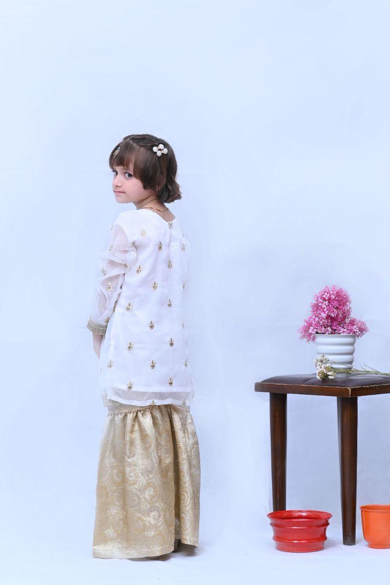 Mom4Little Jasmine Gharara - Crinkle chiffon & raw silk - White - 3 piece