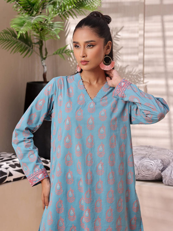 Oaks - Alaskan Blue Lawn Embroidered Screen Printed Kurti - 1 Piece - Unstitched