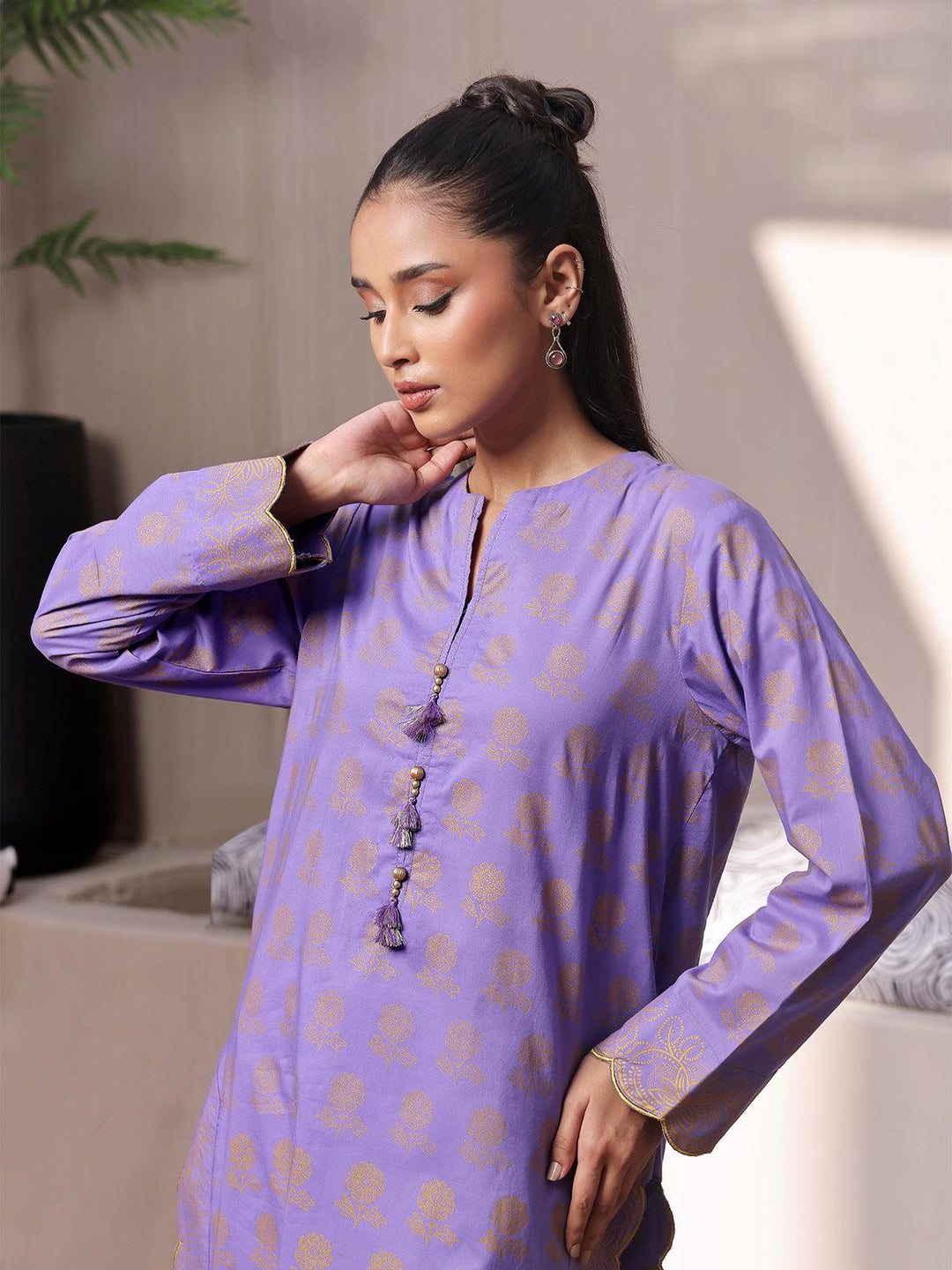 Oaks - Paisley Purple Lawn Screen Printed Kurti - 1 Piece - Unstitched