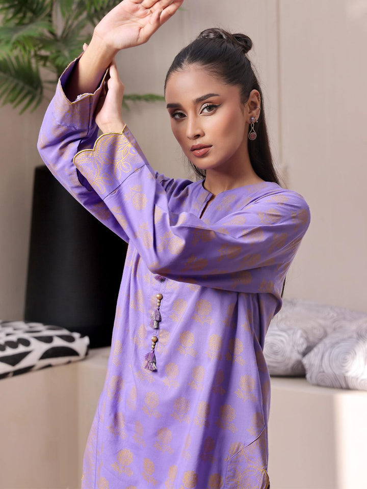 Oaks - Paisley Purple Lawn Screen Printed Kurti - 1 Piece - Unstitched