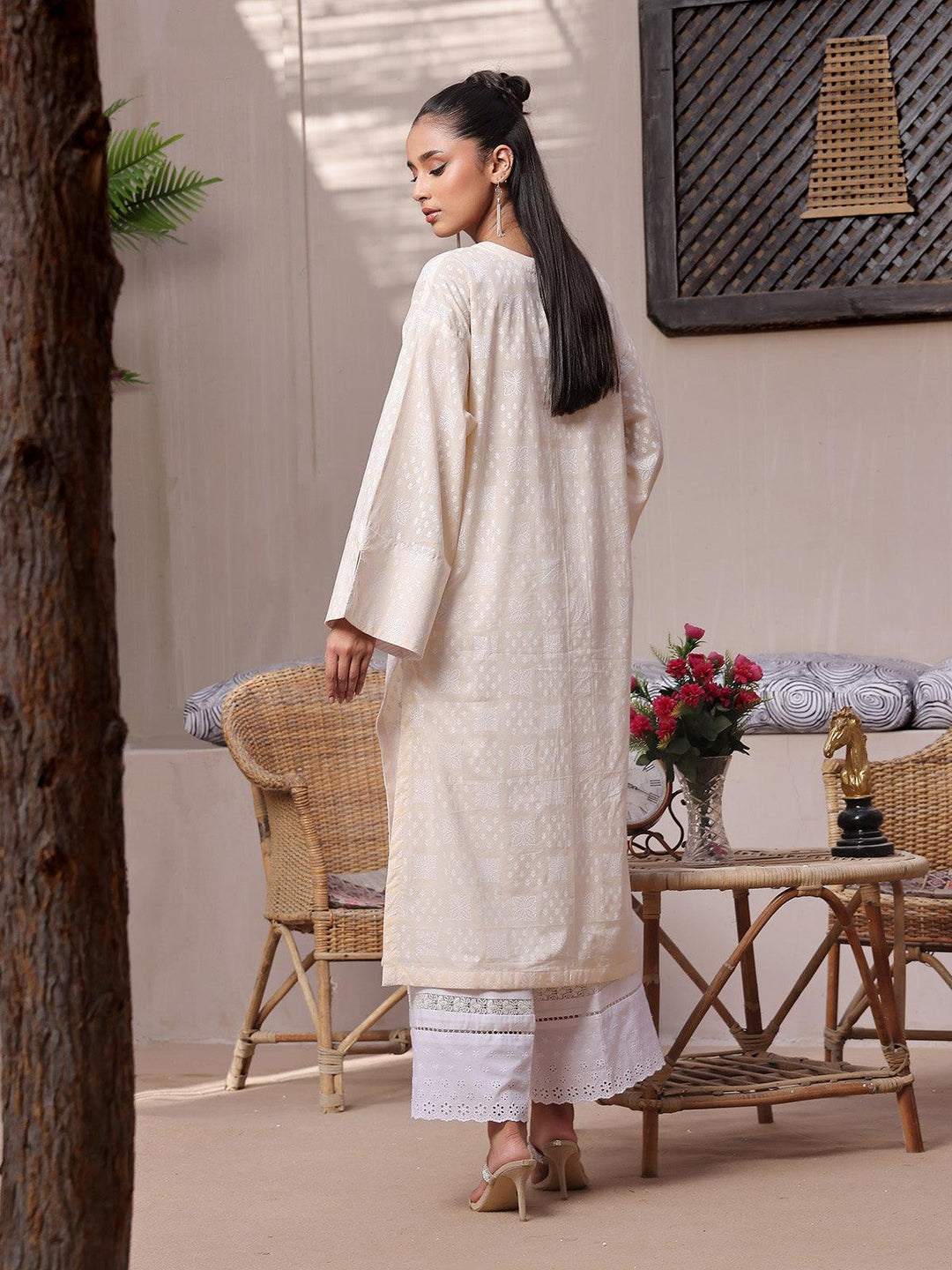 Oaks - Vanilla Cream Lawn Screen Printed Kurti - 1 Piece - Unstitched