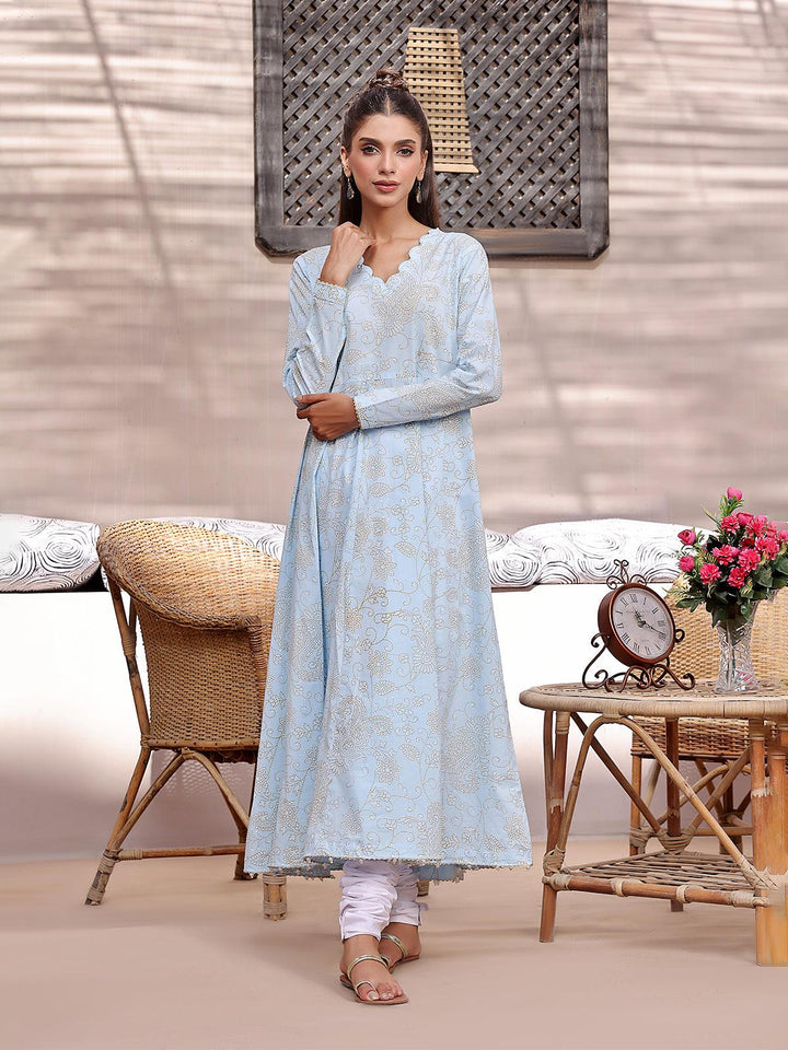 Oaks - Sky Blue Lawn Screen Printed Kurti - 1 Piece - Unstitched