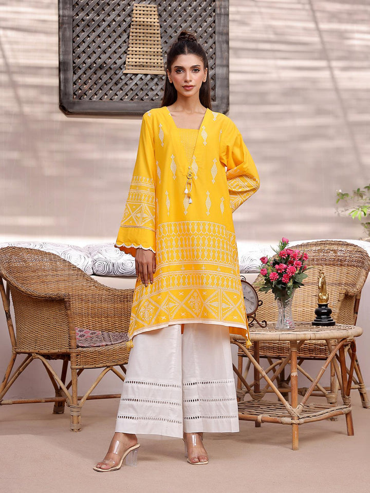 Oaks - Lemon Chrome Lawn Screen Printed Kurti - 1 Piece - Unstitched