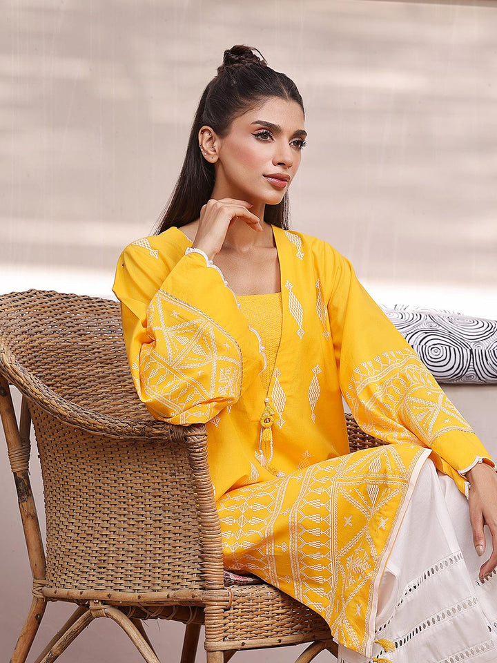 Oaks - Lemon Chrome Lawn Screen Printed Kurti - 1 Piece - Unstitched