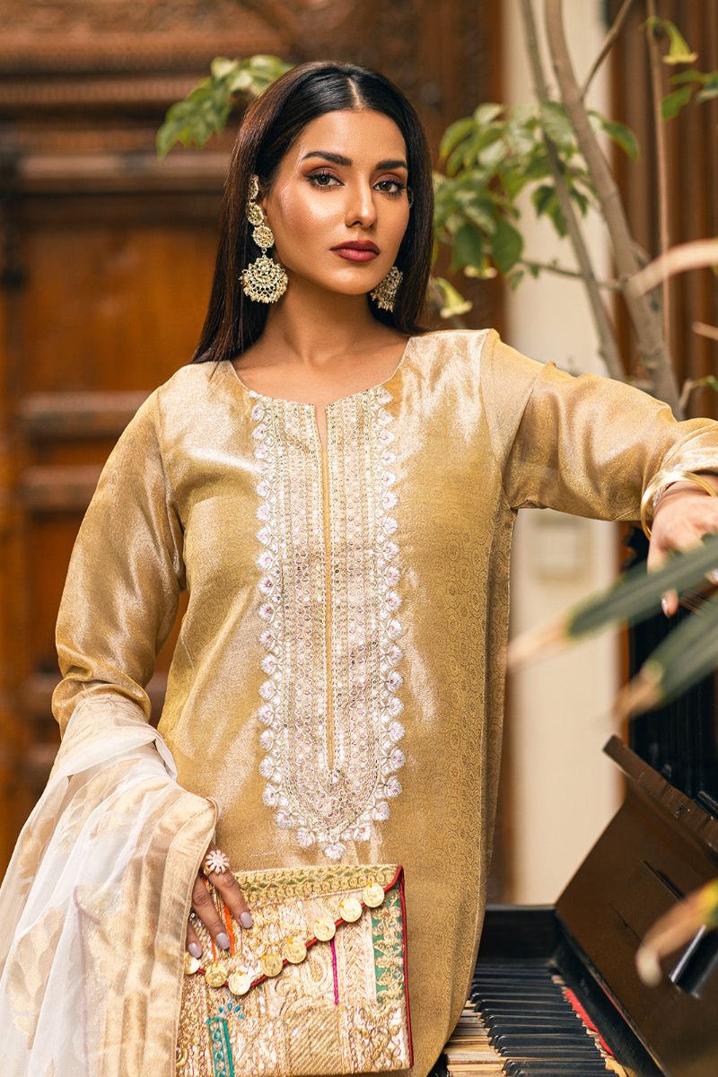 Oaks - 2 Piece Embroidered Pret Shirt Dupatta Zari Golden - OWE2P-2303028