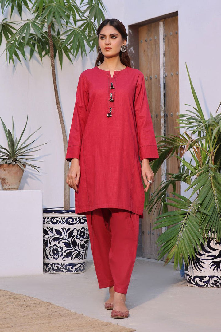 Oaks - 2 Piece Solid Pret Shirt Trouser Khaddar Red - OW2P-2408008