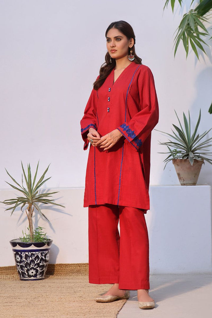 Oaks - 2 Piece Solid Embroidered Pret Shirt Trouser Khaddar Red - OWE2P-2408001