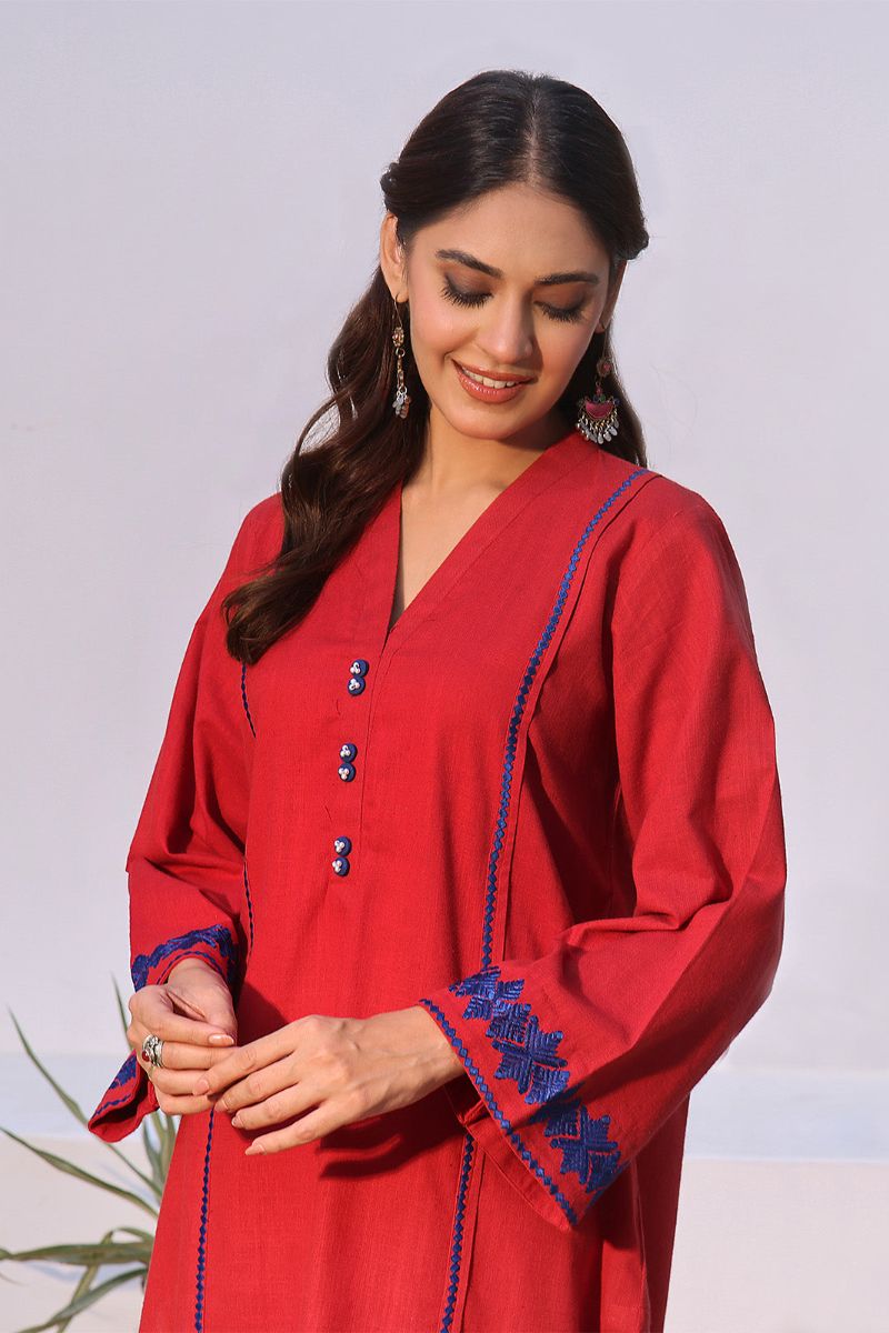 Oaks - 2 Piece Solid Embroidered Pret Shirt Trouser Khaddar Red - OWE2P-2408001