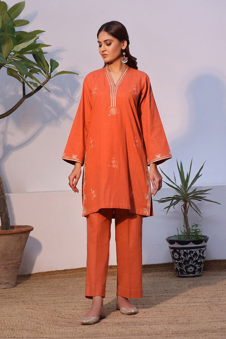 Oaks - 2 Piece Solid Embroidered Pret Shirt Trouser Khaddar Orange - OWE2P-2408003