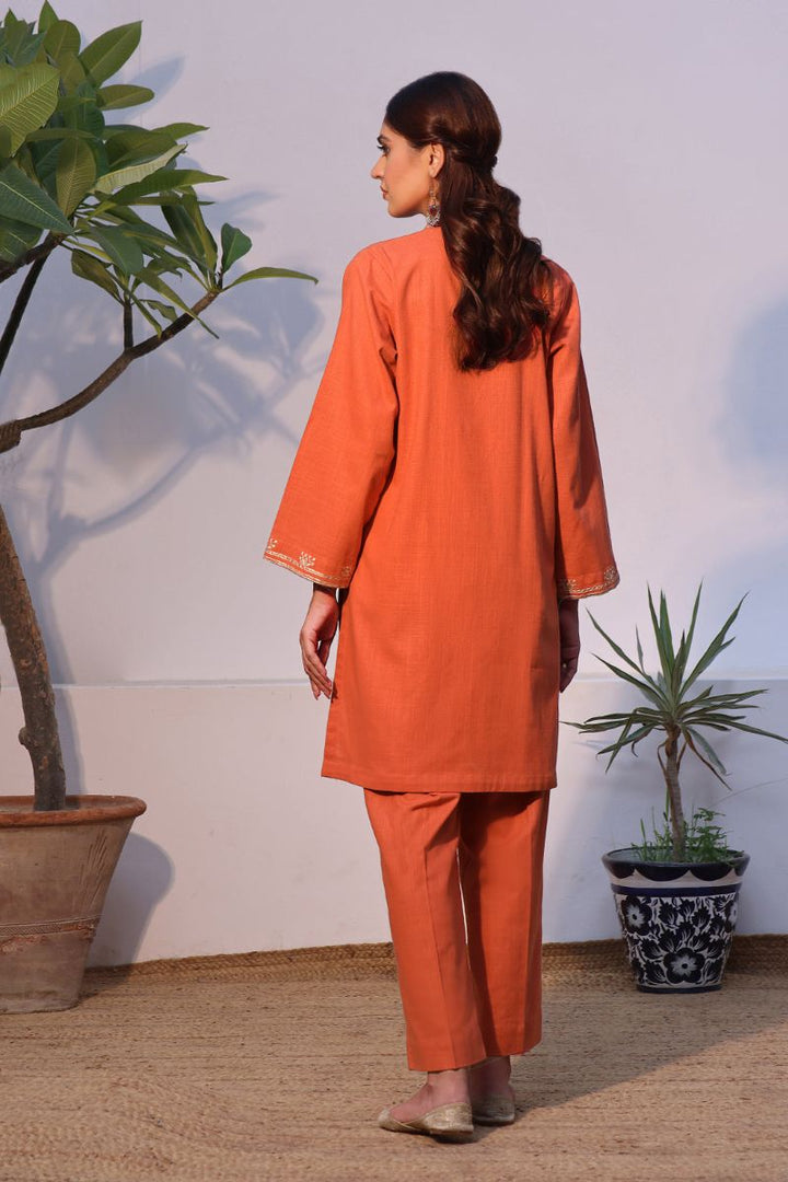 Oaks - 2 Piece Solid Embroidered Pret Shirt Trouser Khaddar Orange - OWE2P-2408003