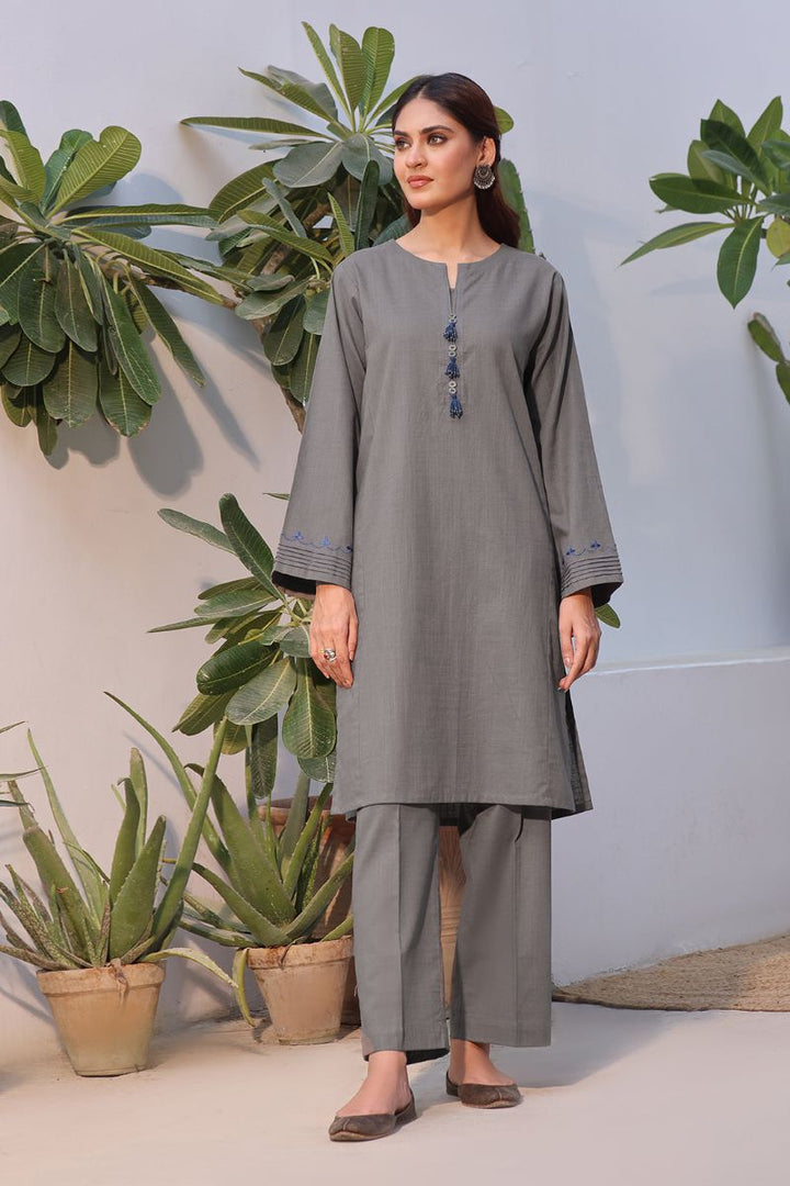 Oaks - 2 Piece Solid Embroidered Pret Shirt Trouser Khaddar Grey - OWE2P-2408005