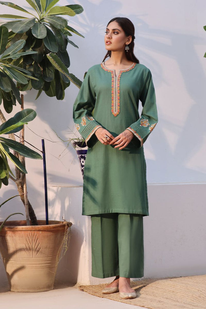 Oaks - 2 Piece Solid Embroidered Pret Shirt Trouser Khaddar Green - OWE2P-2408006