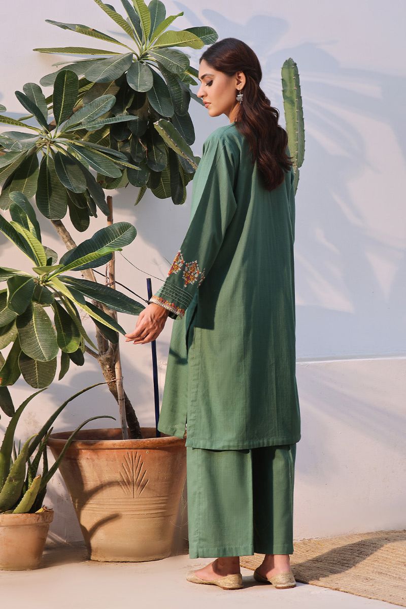 Oaks - 2 Piece Solid Embroidered Pret Shirt Trouser Khaddar Green - OWE2P-2408006