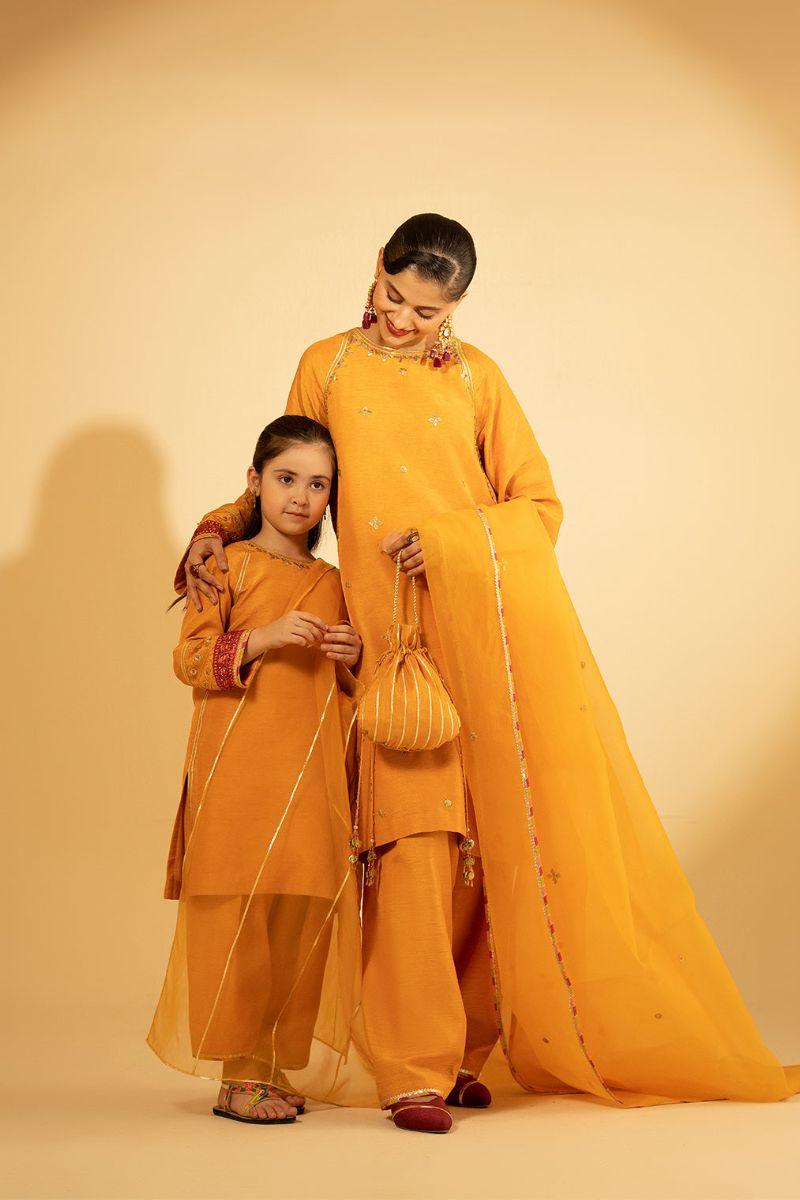 Fozia Khalid Kids - Luxe Amber - Mustard - Raw Silk - 3 Piece