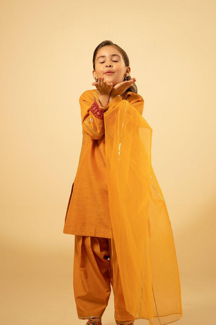 Fozia Khalid Kids - Luxe Amber - Mustard - Raw Silk - 3 Piece